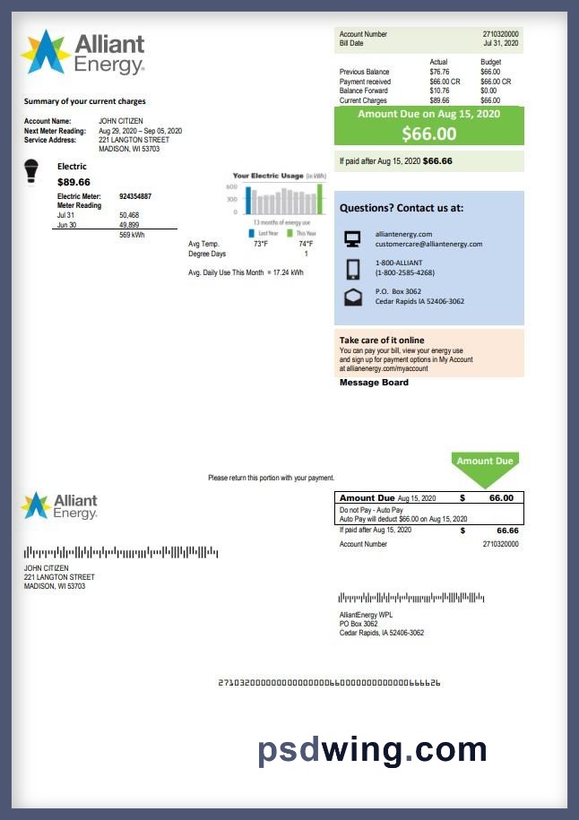 USA Wisconsin Alliant Energy Electricity Utility Bill